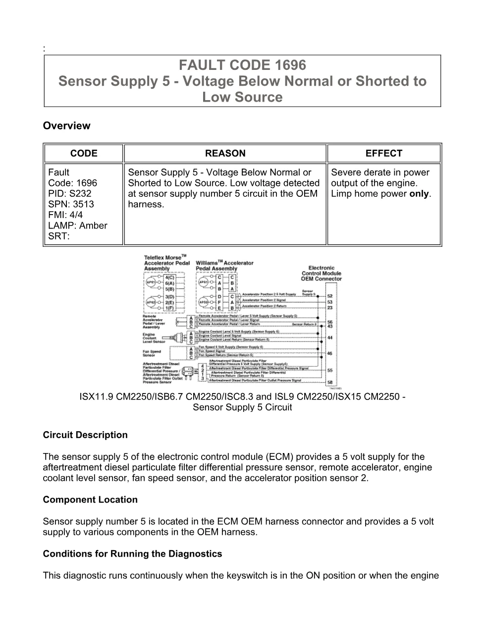 Cummins fault code 1696 — Sensor supply 5 voltage low (ISX11.9 - preview page 1 of 6