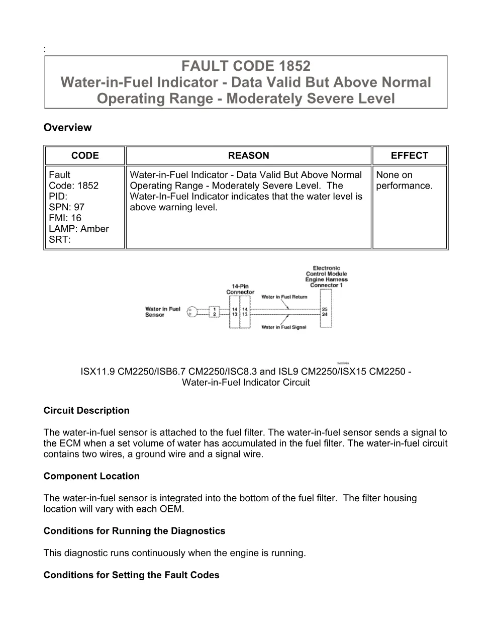 Cummins Fault Code 1852 — Water-in-Fuel Indicator — SPN 97 FMI 16 - preview page 1 of 6