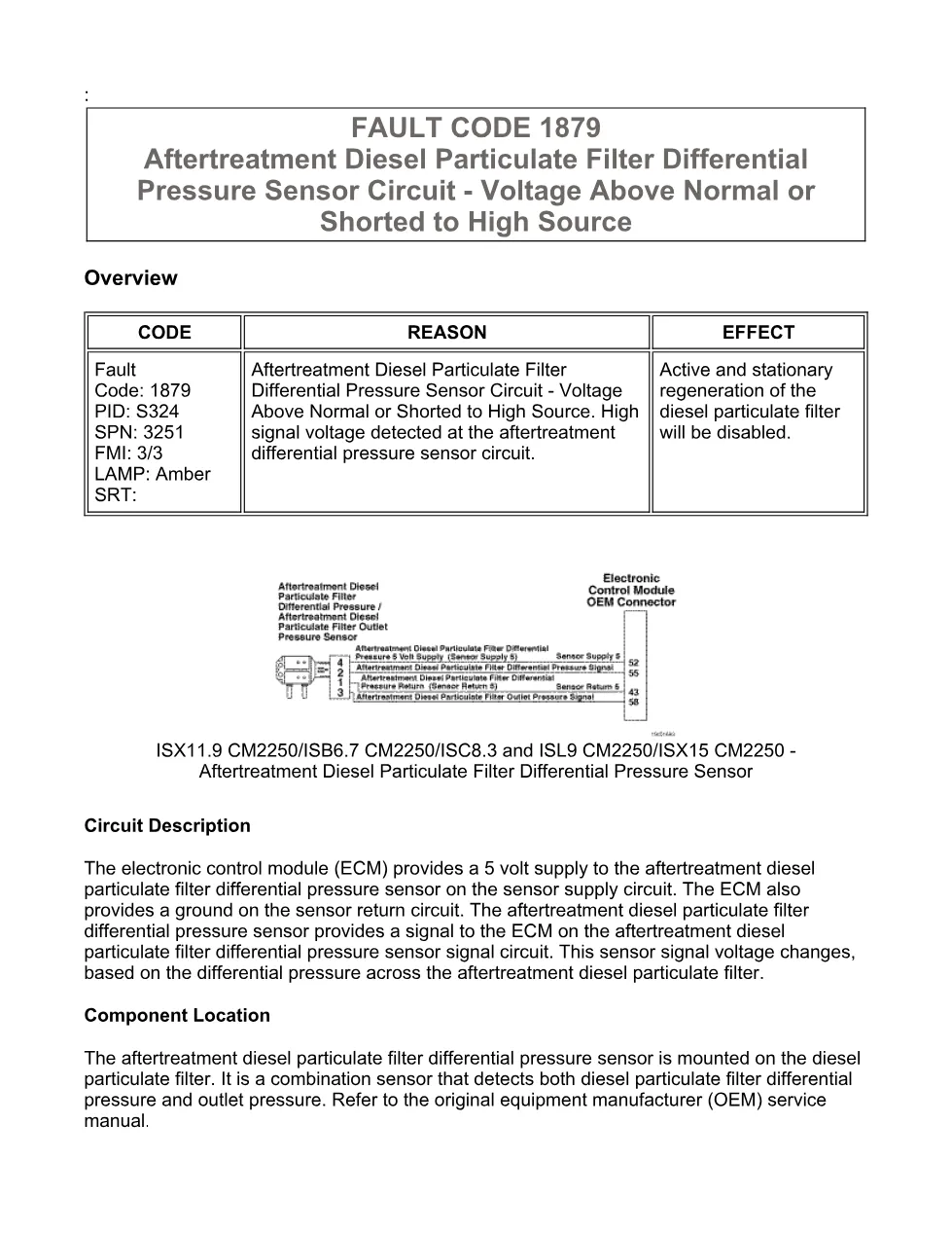 Cummins fault code 1879 — DPF differential pressure sensor high - preview page 1 of 6