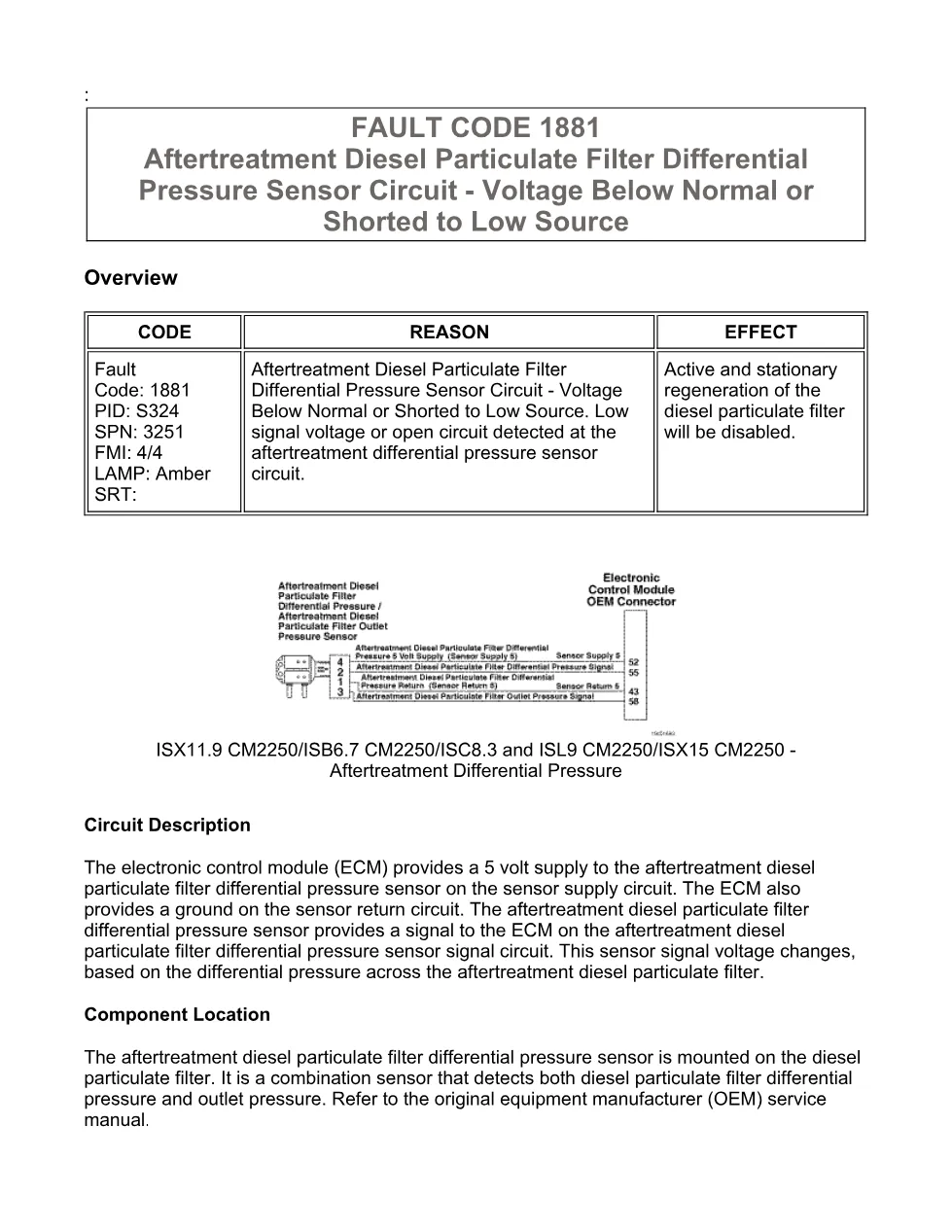 Cummins fault code 1881 — DPF differential pressure sensor low - preview page 1 of 6