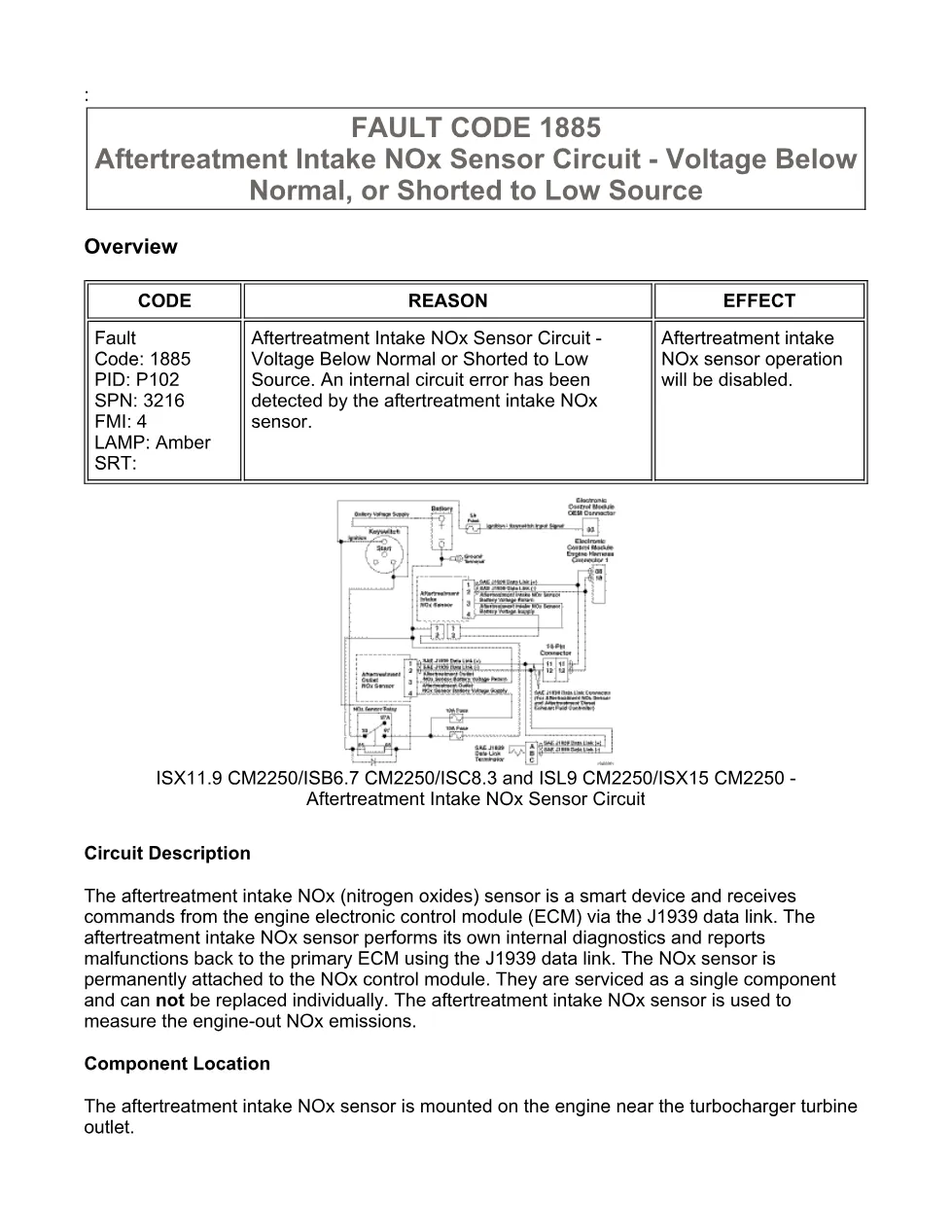 Cummins fault code 1885 — Aftertreatment intake NOx sensor low - preview page 1 of 6