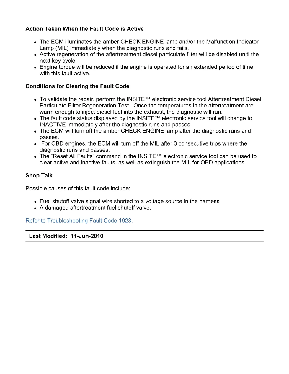Cummins fault code 1923 — Aftertreatment fuel shutoff valve high - preview page 2 of 6
