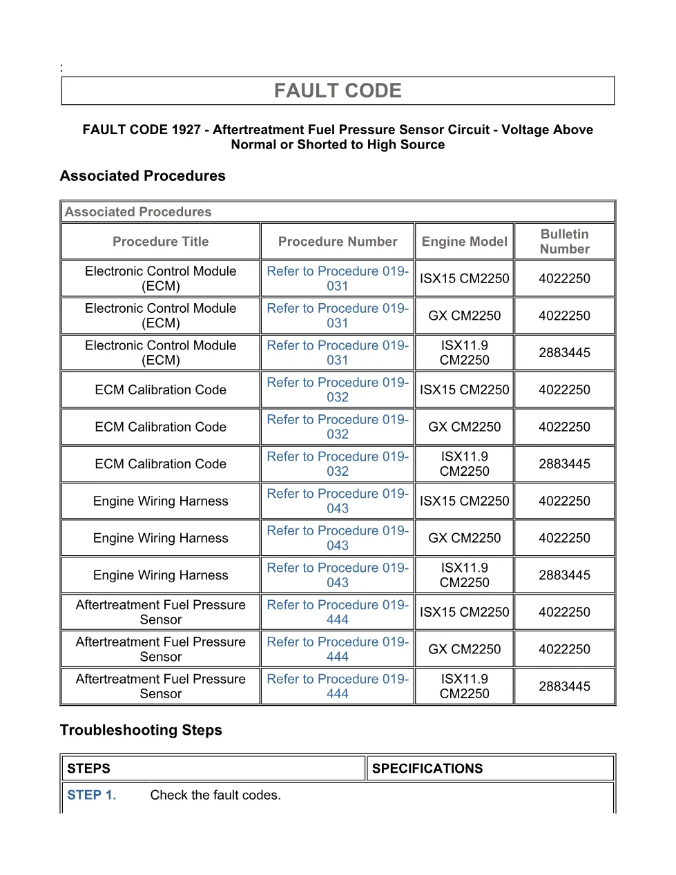 Cummins fault code 1927 — Aftertreatment fuel pressure sensor - page 3 is available after signing in