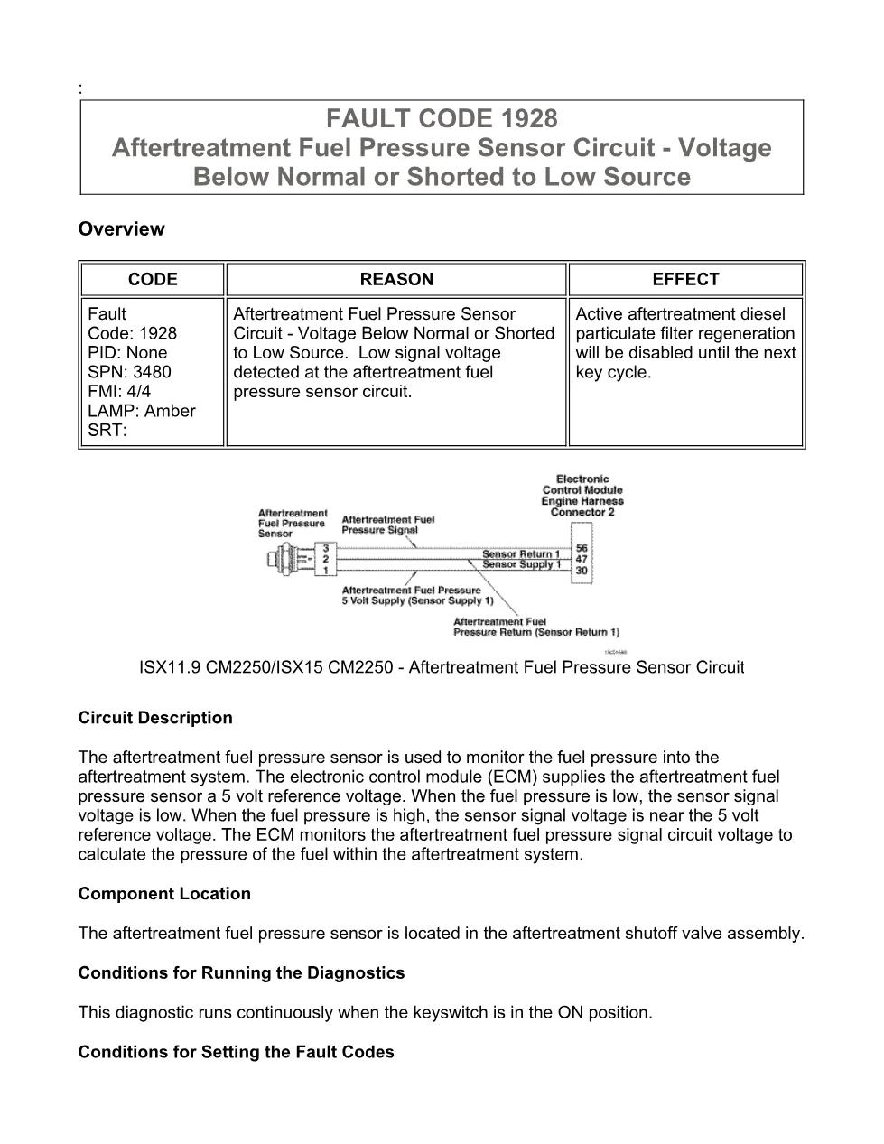 Cummins fault code 1928 — Aftertreatment fuel pressure sensor low - preview page 1 of 6