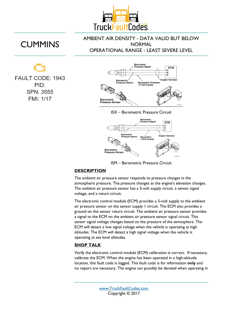 Cummins fault code 1943 — ISM CM871 (2007-09) DTC manual — SPN - preview page 1 of 3