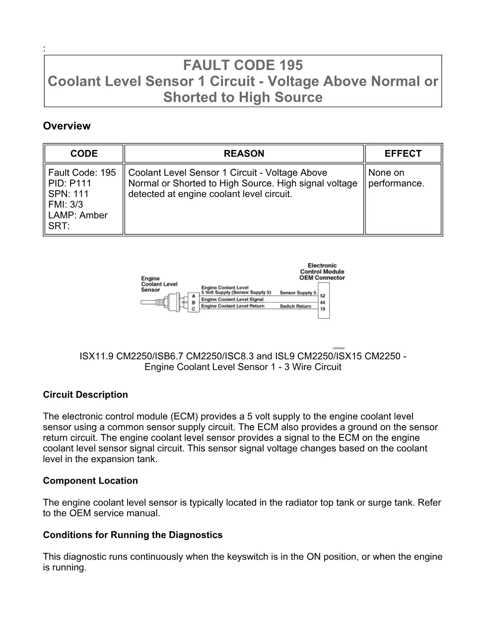Cummins fault code 195 manual — Coolant Level Sensor 1 Circuit - preview page 1 of 6