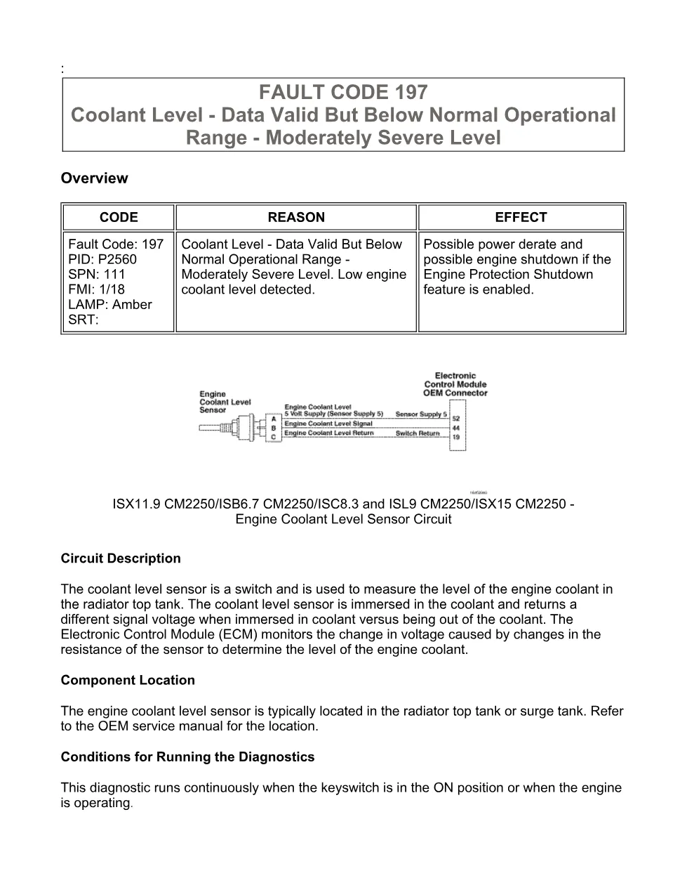 Cummins fault code 197 manual — Coolant Level (SPN 111, FMI 1/18) - preview page 1 of 6