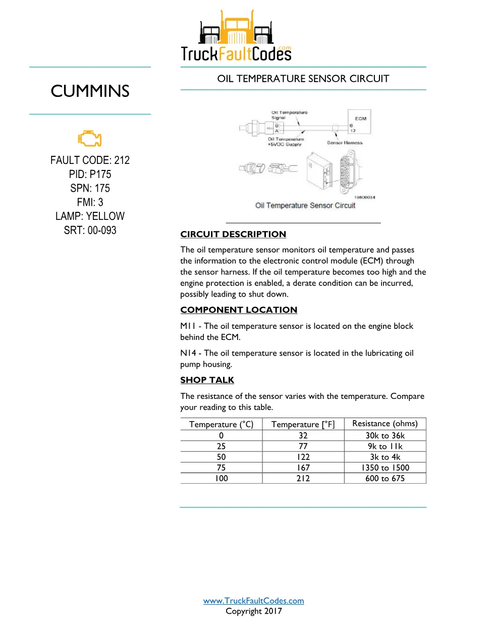 Cummins fault code 212 — Oil Temperature Sensor Low Signal - preview page 1 of 5