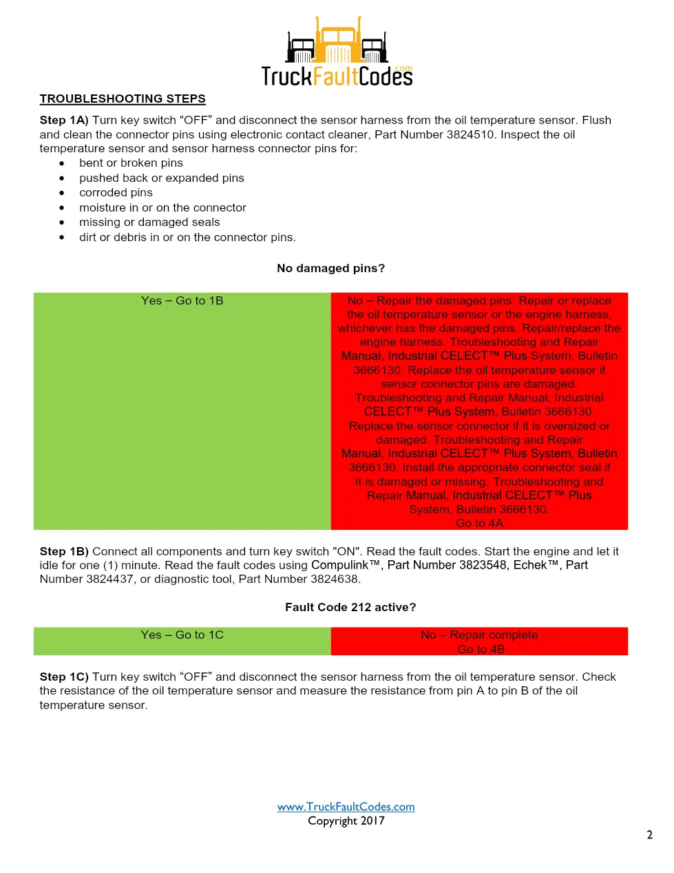 Cummins fault code 212 — Oil Temperature Sensor Low Signal - preview page 2 of 5