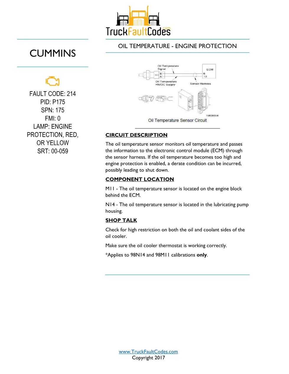 Cummins fault code 214 — Oil Temperature Engine Protection - preview page 1 of 2