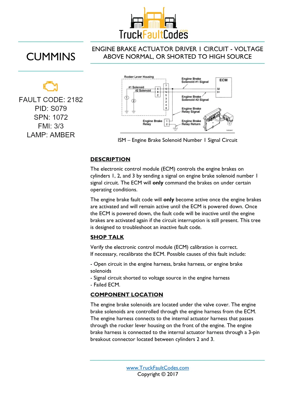 Cummins fault code 2182 — ISM CM871 (2007-09) DTC manual — SPN - preview page 1 of 6