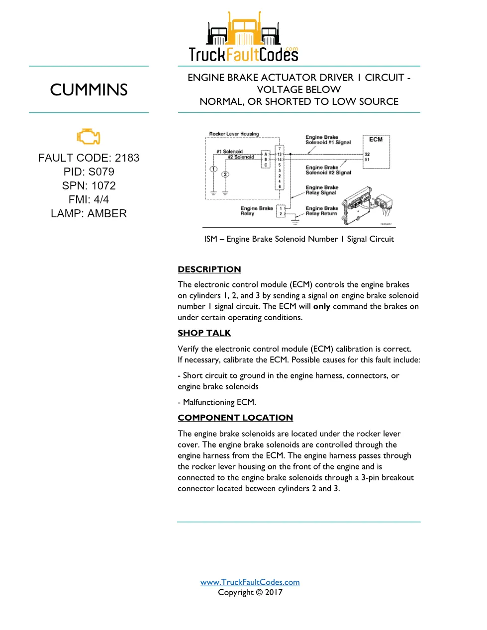 Cummins fault code 2183 — ISM CM871 (2007-09) DTC manual — SPN - preview page 1 of 5