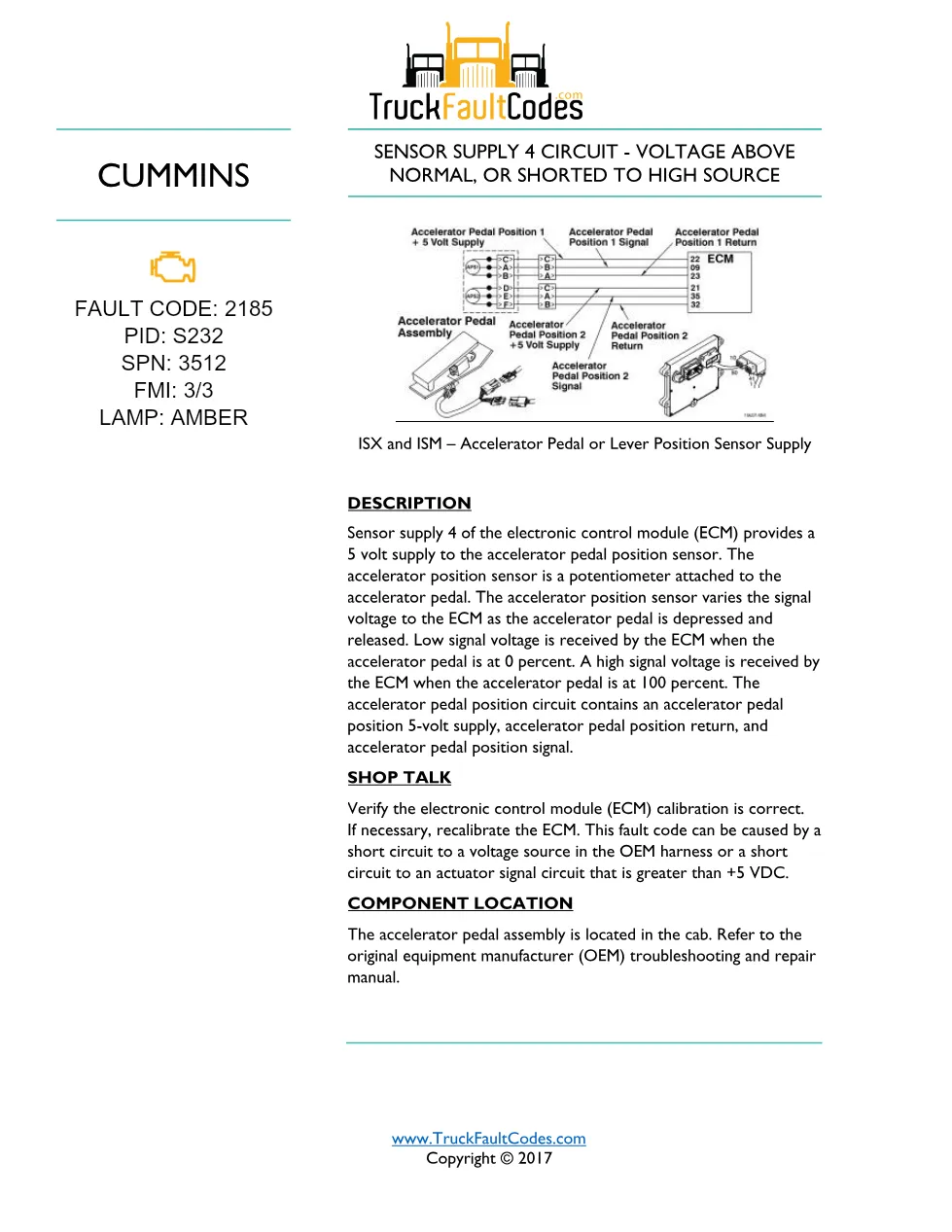 Cummins fault code 2185 — ISM CM871 (2007-09) DTC manual — SPN - preview page 1 of 4