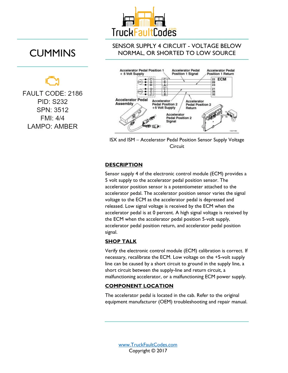 Cummins fault code 2186 — ISM CM871 (2007-09) DTC manual — SPN - preview page 1 of 4