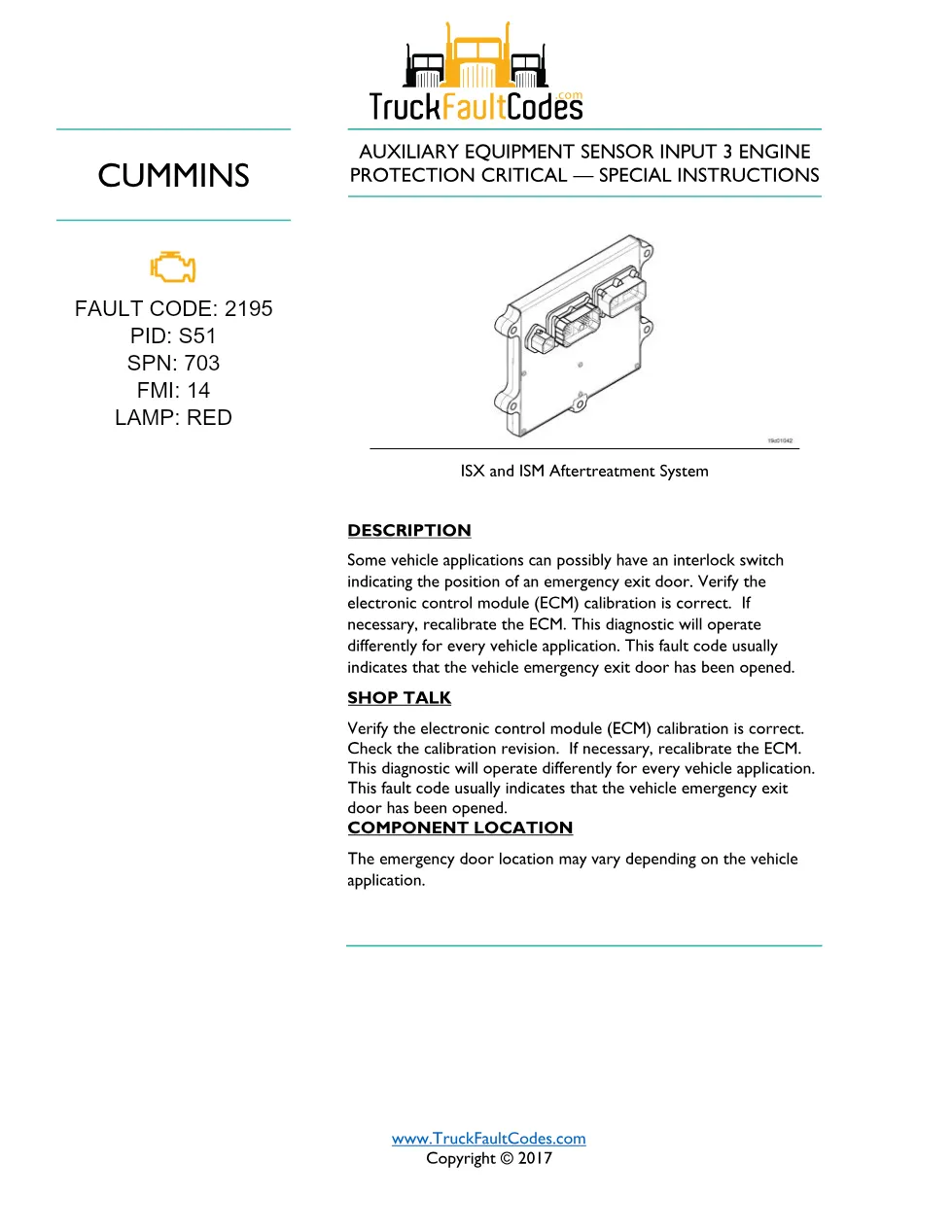 Cummins fault code 2195 — ISM CM871 (2007-09) DTC manual — SPN - preview page 1 of 2