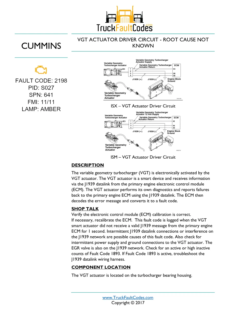 Cummins fault code 2198 — ISM CM871 (2007-09) DTC manual — SPN - preview page 1 of 3