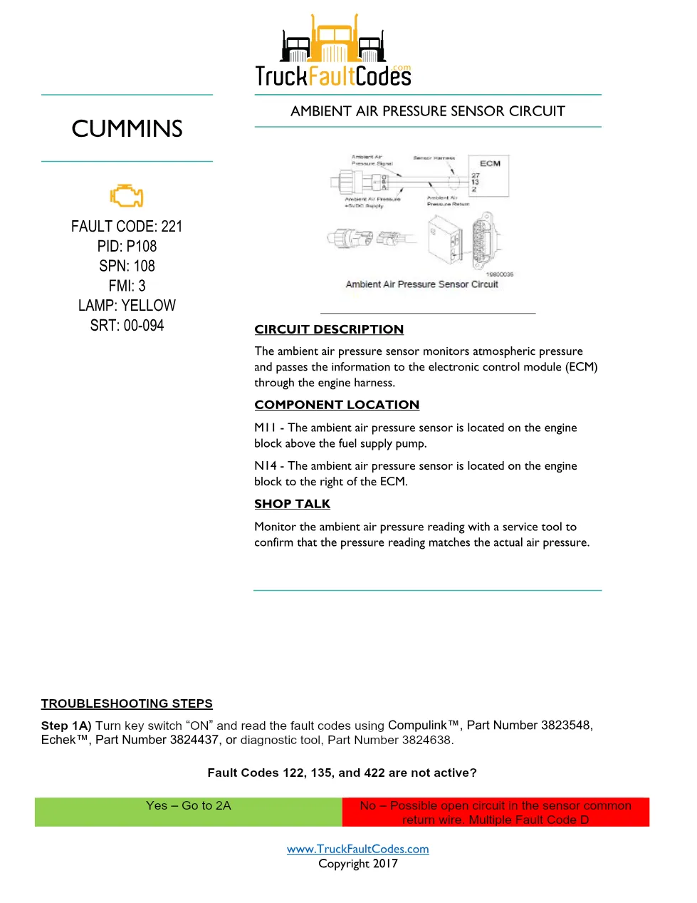 Cummins fault code 221 — Ambient Air Pressure Sensor Open Circuit - preview page 1 of 6