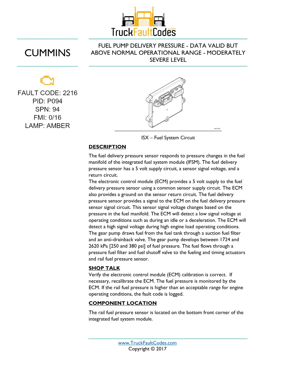 Cummins fault code 2216 — ISM CM871 (2007-09) DTC manual — SPN - preview page 1 of 2