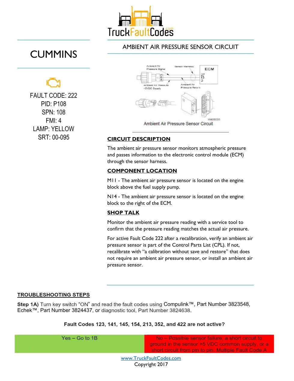 Cummins fault code 222 — Ambient Air Pressure Sensor Circuit - preview page 1 of 6