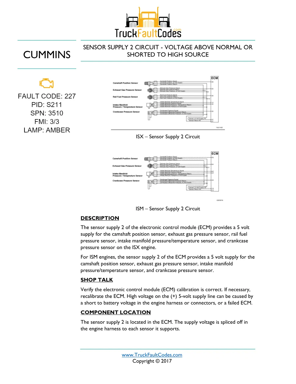 Cummins fault code 227 — ISM CM871 (2007-09) DTC manual — SPN - preview page 1 of 3