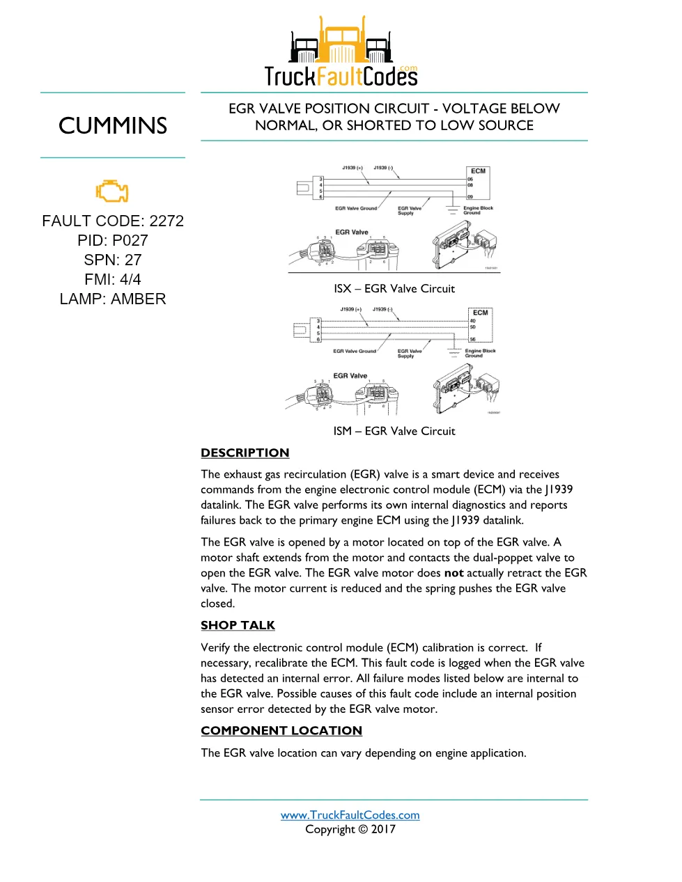 Cummins fault code 2272 — ISM CM871 (2007-09) DTC manual — SPN - preview page 1 of 2