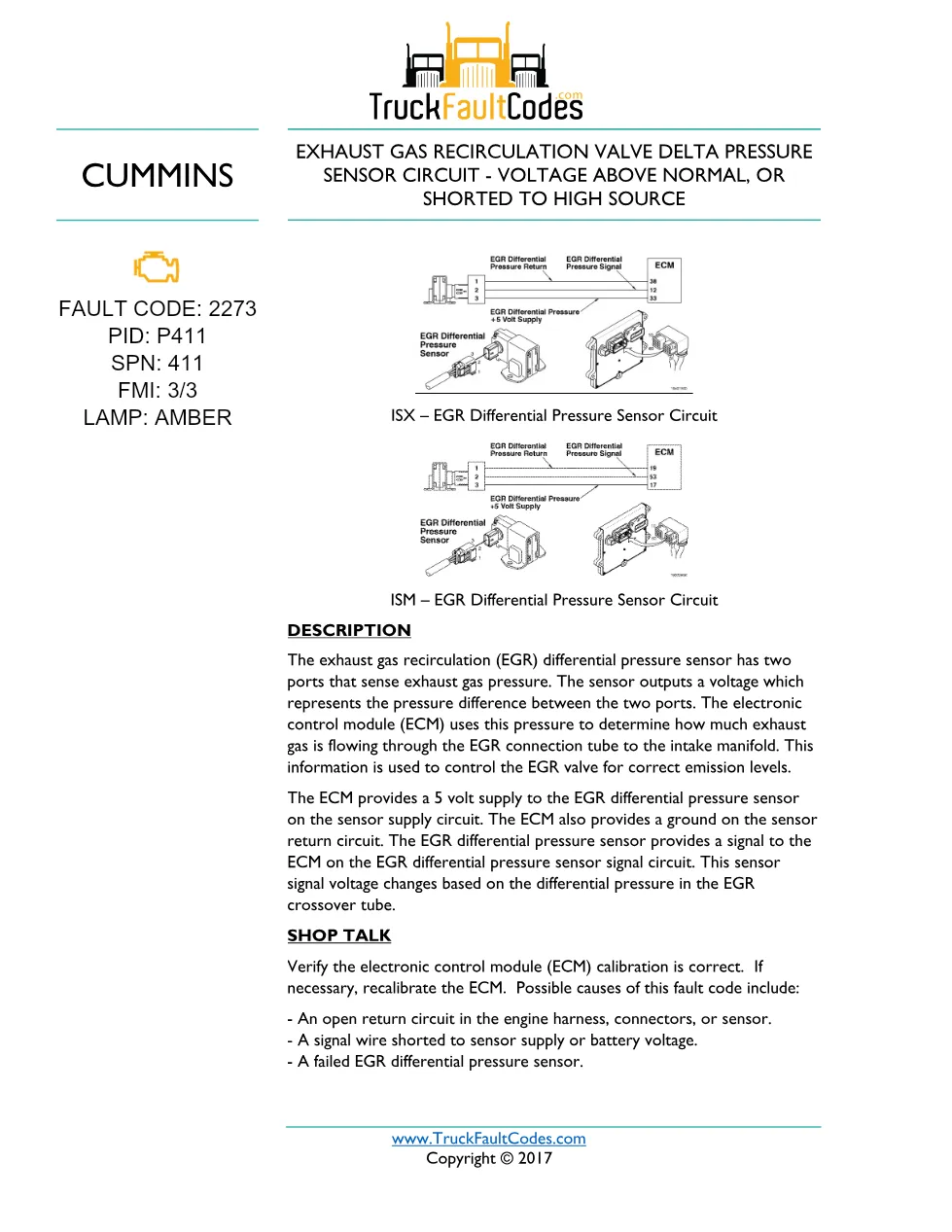Cummins fault code 2273 — ISM CM871 (2007-09) DTC manual — SPN - preview page 1 of 5