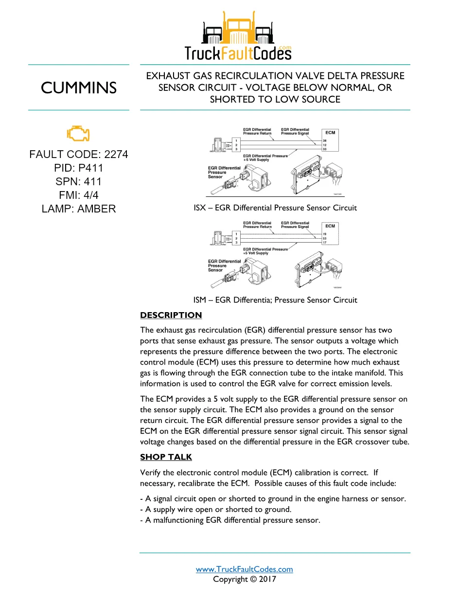 Cummins fault code 2274 — ISM CM871 (2007-09) DTC manual — SPN - preview page 1 of 6