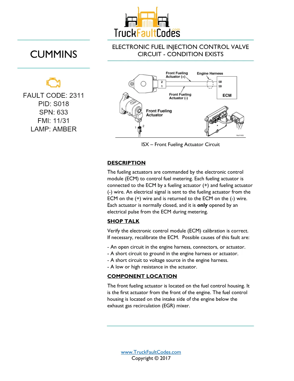 Cummins fault code 2311 — ISM CM871 (2007-09) DTC manual — SPN - preview page 1 of 5