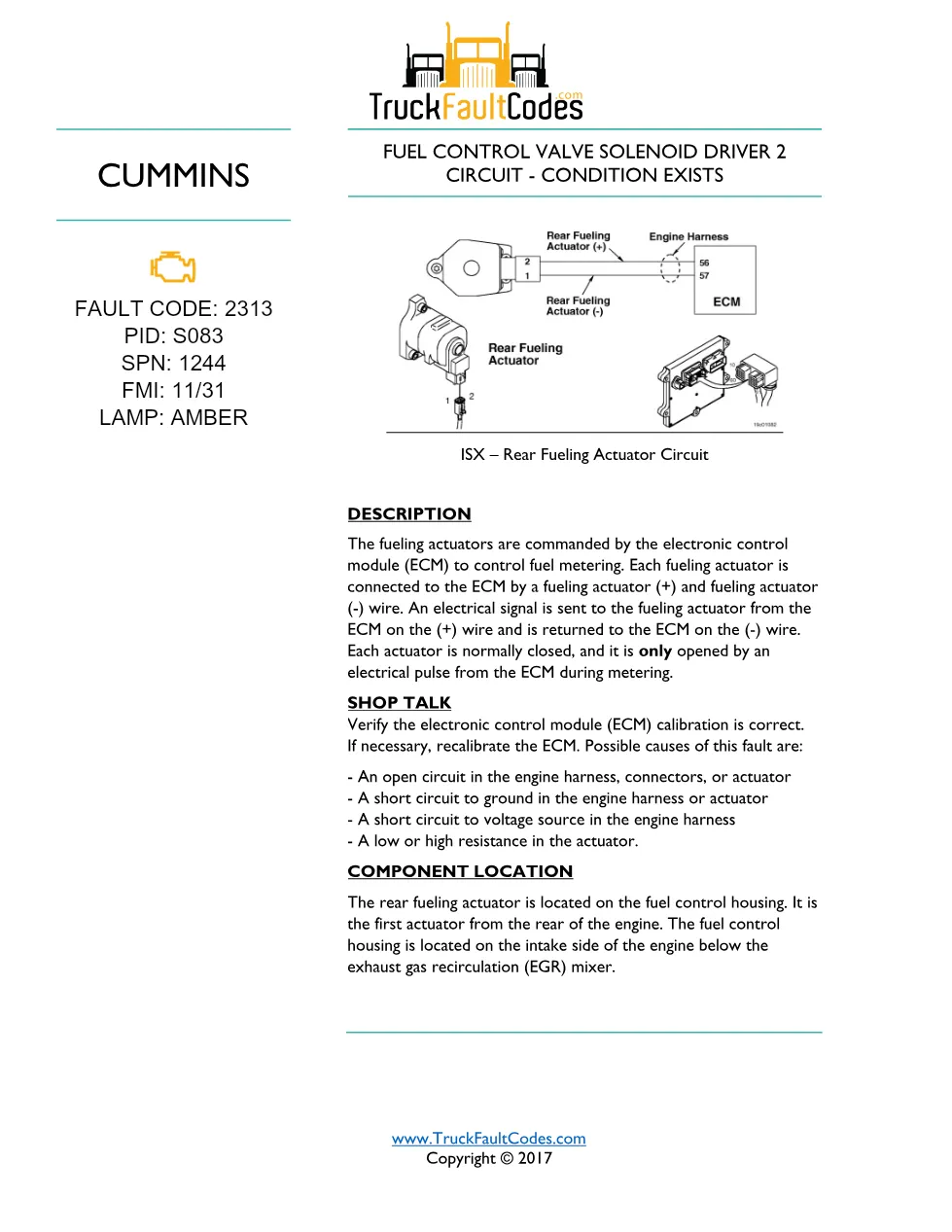 Cummins fault code 2313 — ISM CM871 (2007-09) DTC manual — SPN - preview page 1 of 5