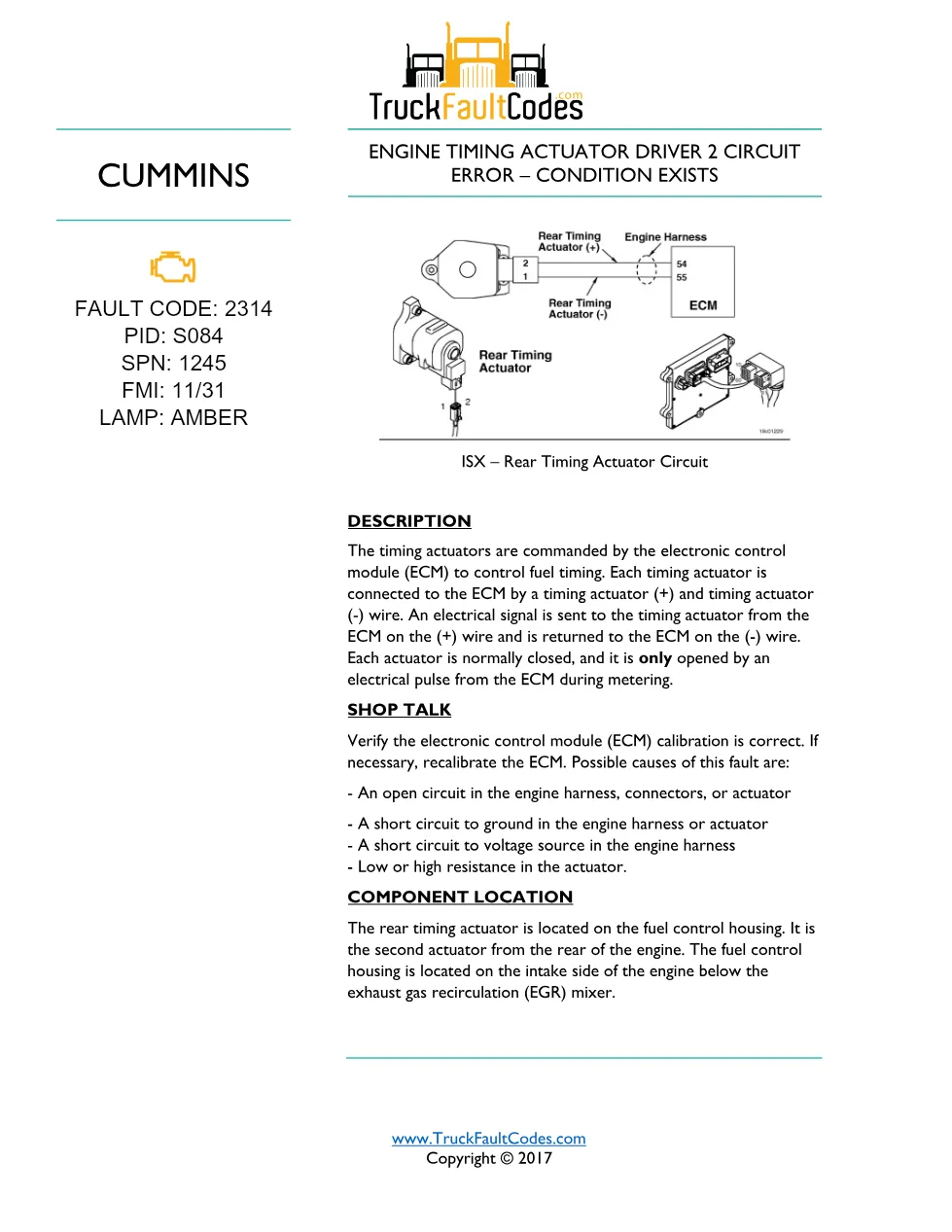 Cummins fault code 2314 — ISM CM871 (2007-09) DTC manual — SPN - preview page 1 of 5