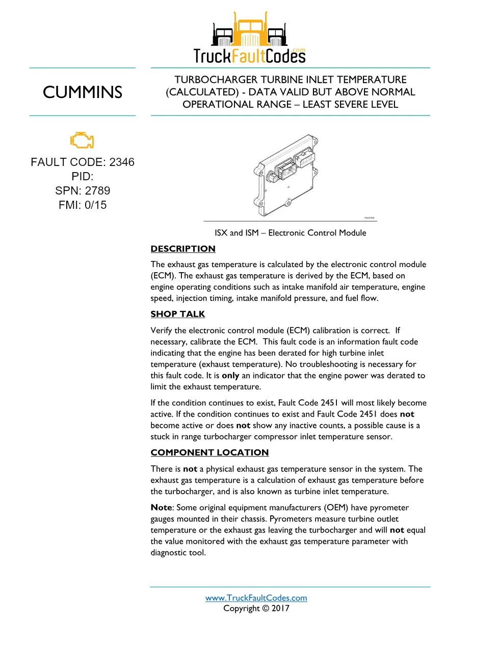Cummins fault code 2346 — ISM CM871 (2007-09) DTC manual — SPN - preview page 1 of 2