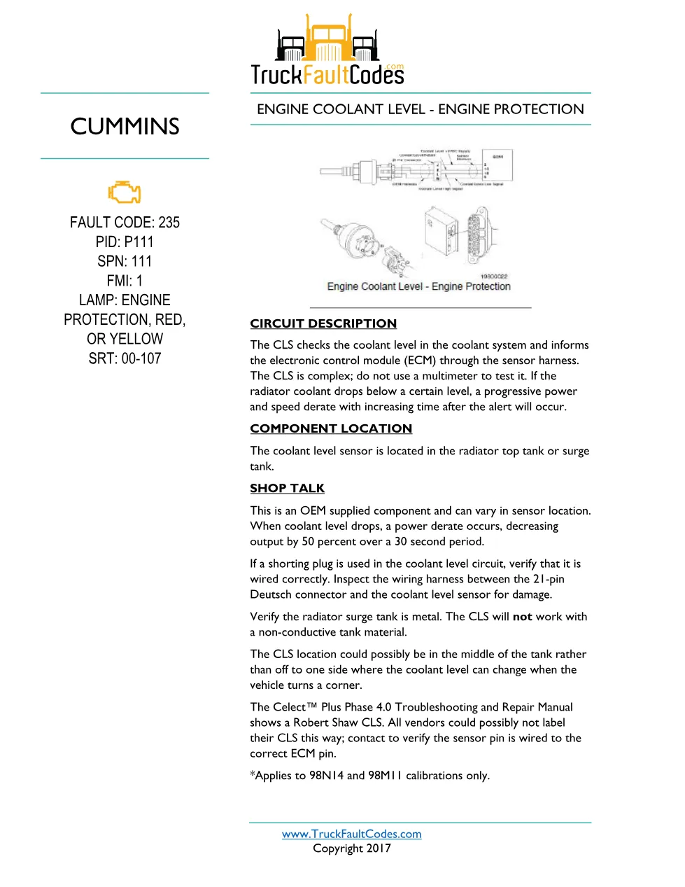 Cummins fault code 235 — Engine Coolant Level Engine Protection - preview page 1 of 5