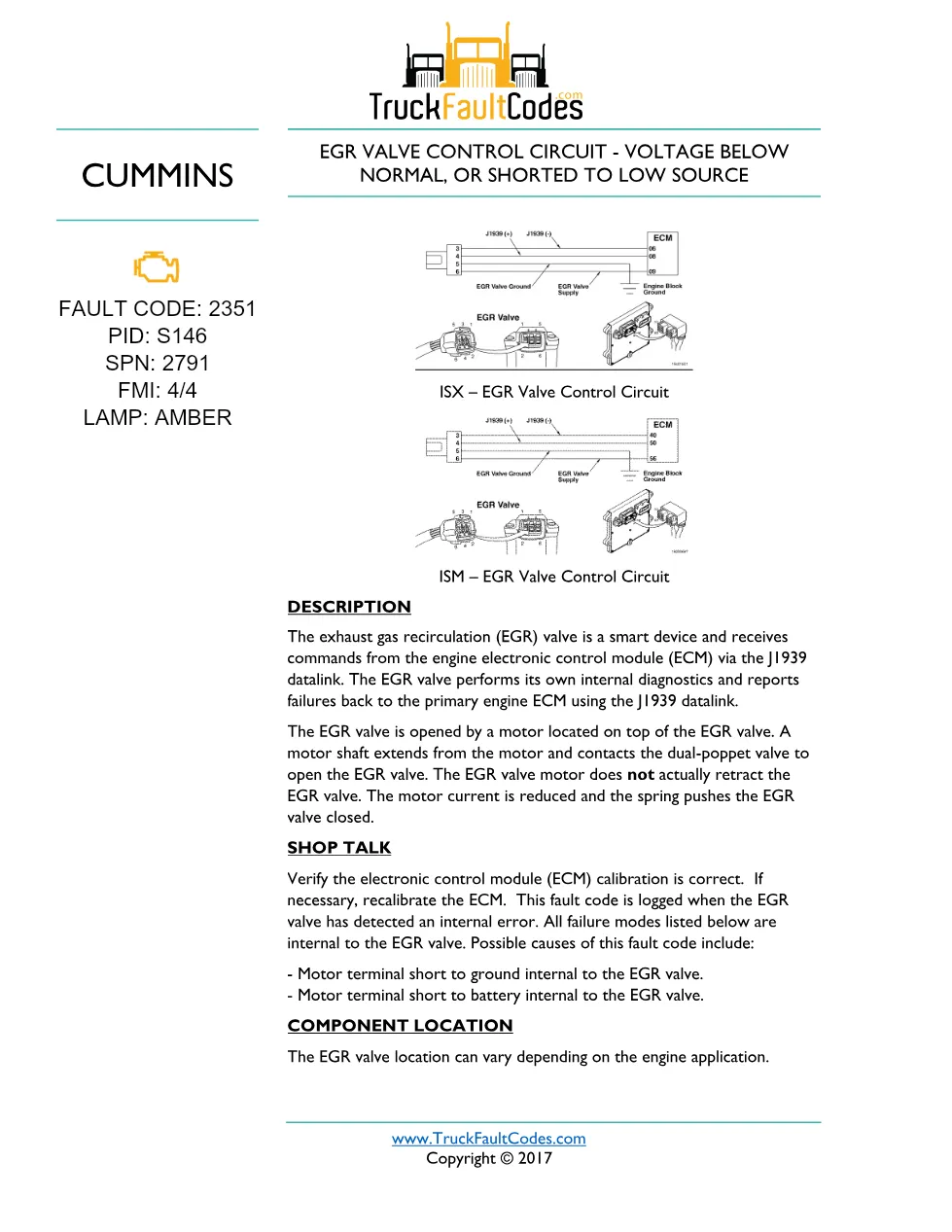 Cummins fault code 2351 — ISM CM871 (2007-09) DTC manual — SPN - preview page 1 of 3