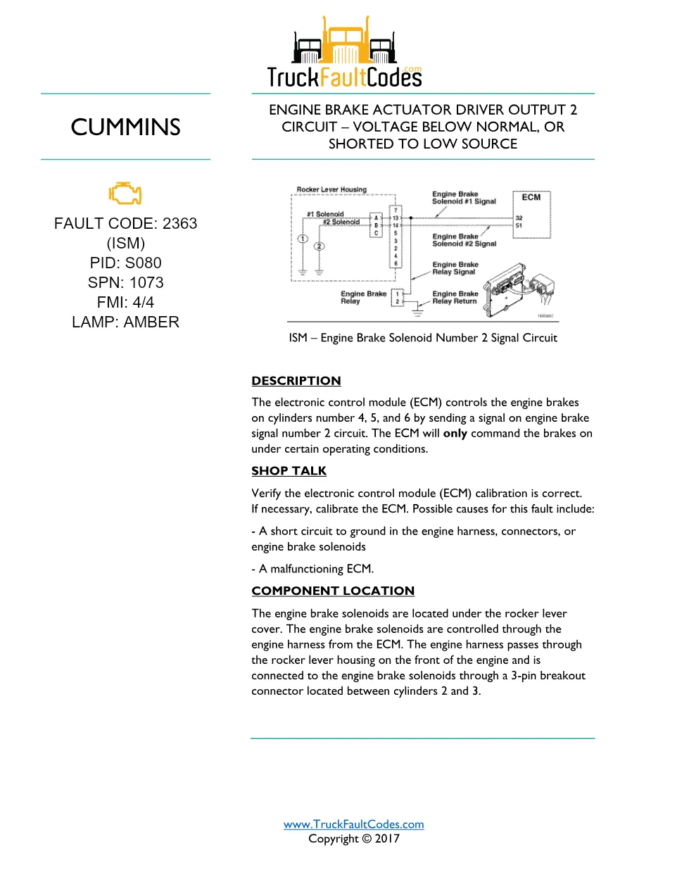 Cummins fault code 2363 — ISM CM871 (2007-09) DTC manual — SPN - preview page 1 of 6