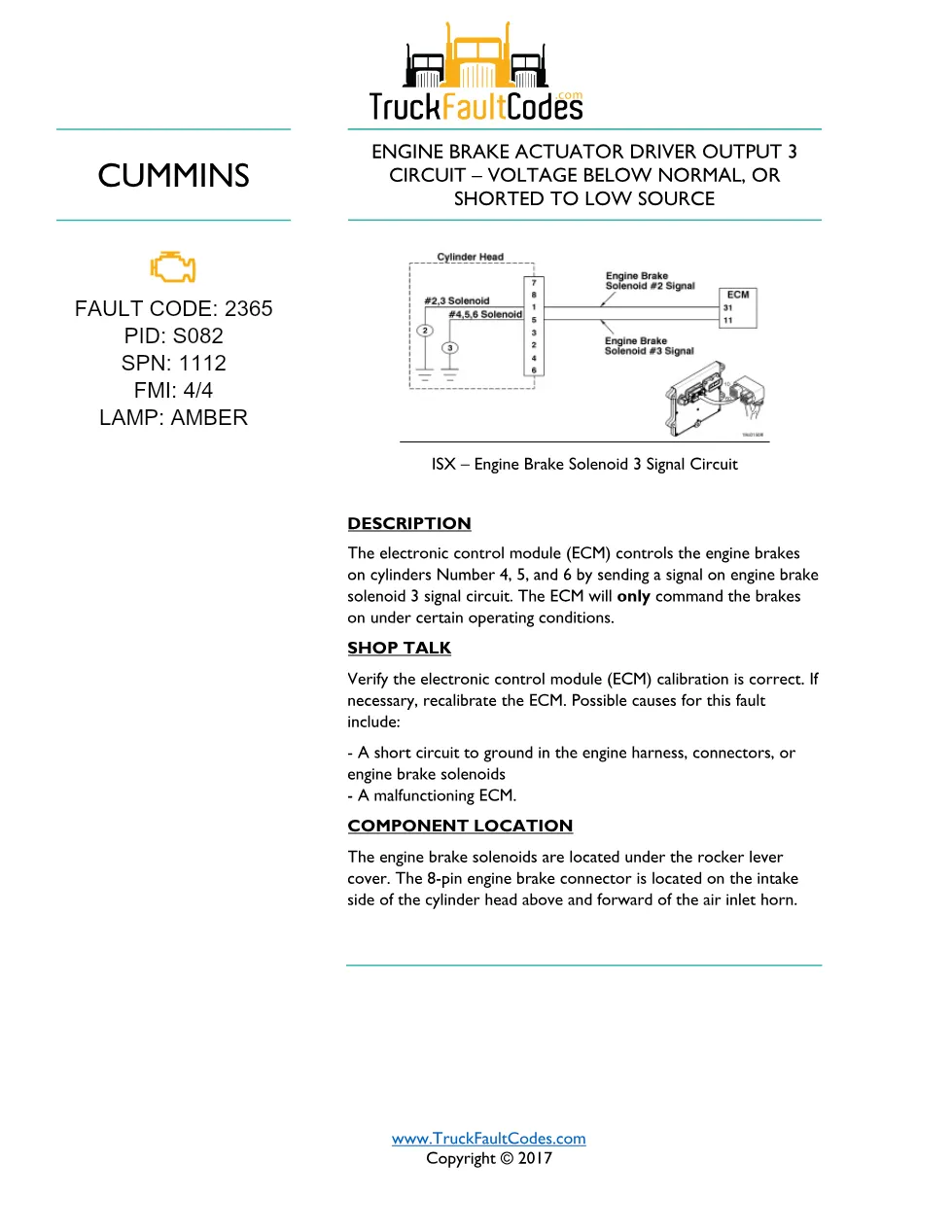 Cummins fault code 2365 — ISM CM871 (2007-09) DTC manual — SPN - preview page 1 of 5