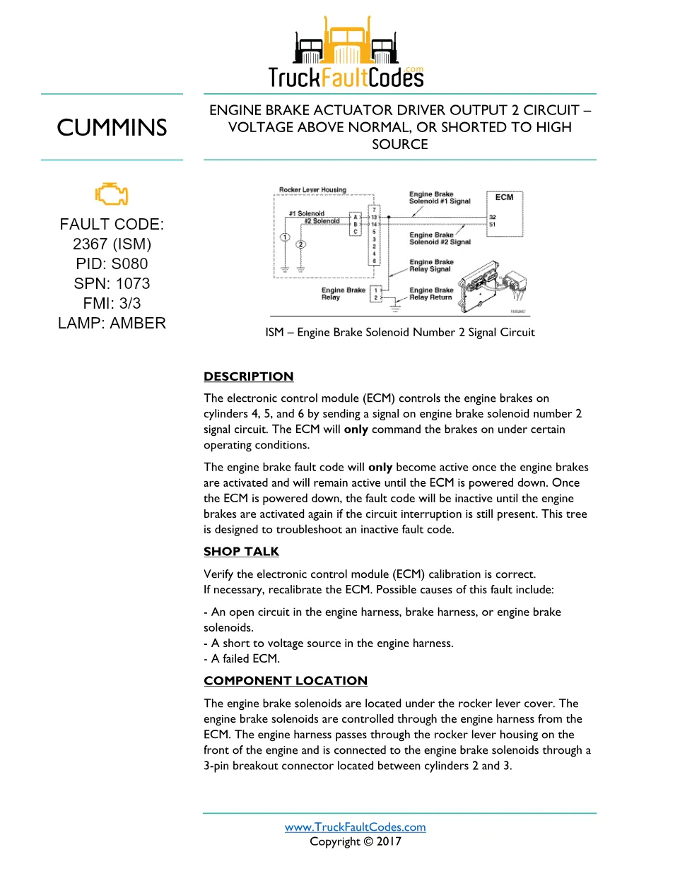 Cummins fault code 2367 — ISM CM871 (2007-09) DTC manual — SPN - preview page 1 of 6
