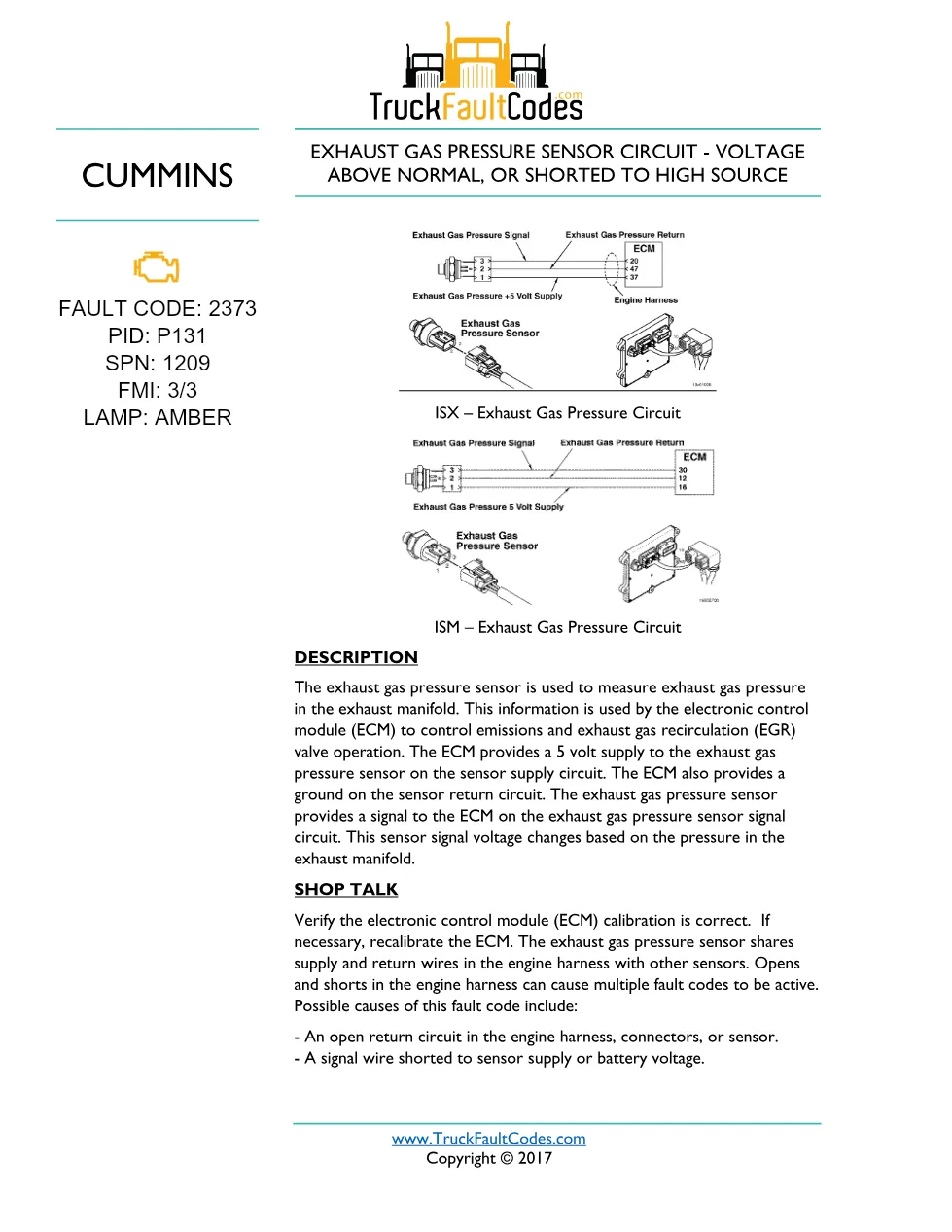 Cummins fault code 2373 — ISM CM871 (2007-09) DTC manual — SPN - preview page 1 of 5