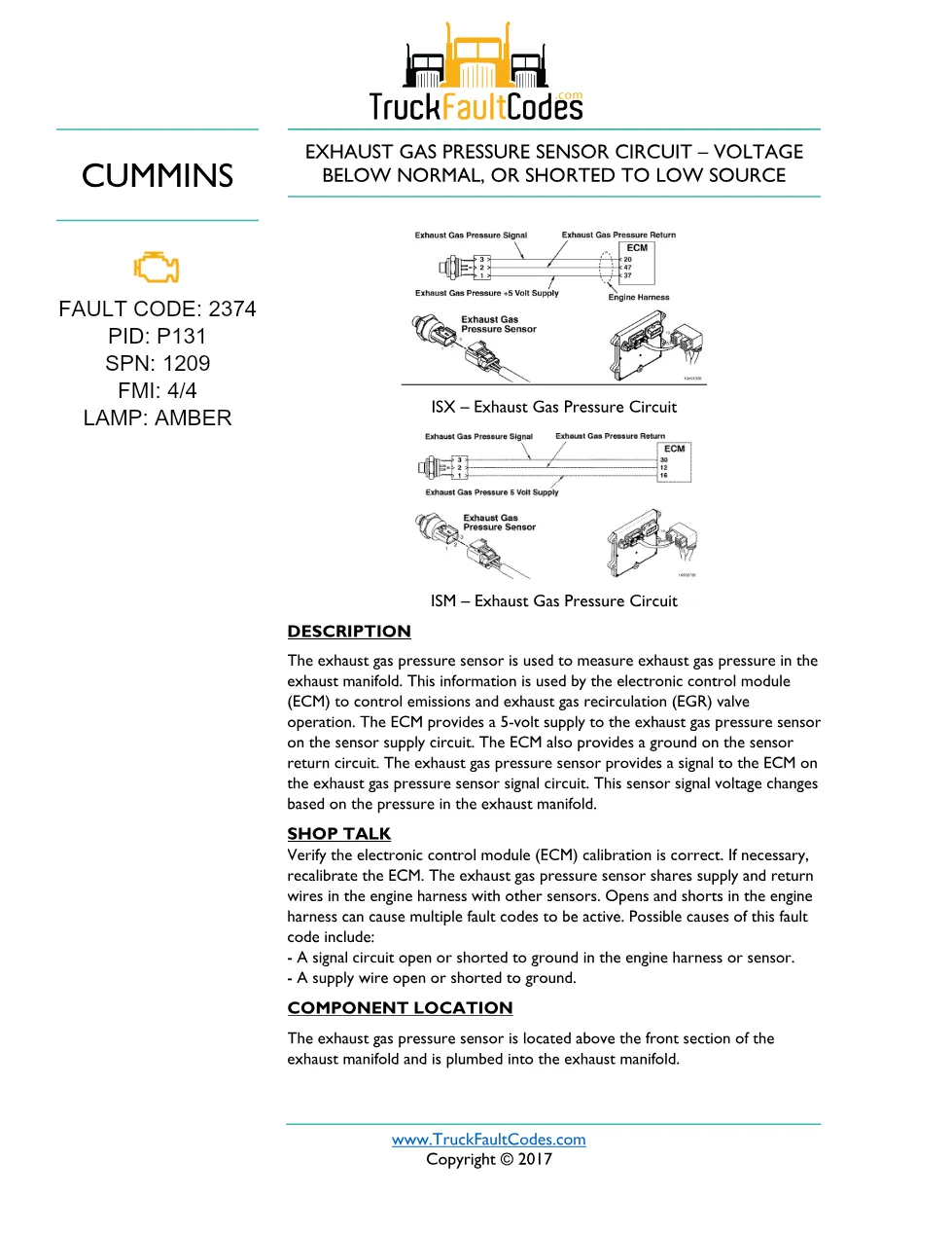 Cummins fault code 2374 — ISM CM871 (2007-09) DTC manual — SPN - preview page 1 of 6
