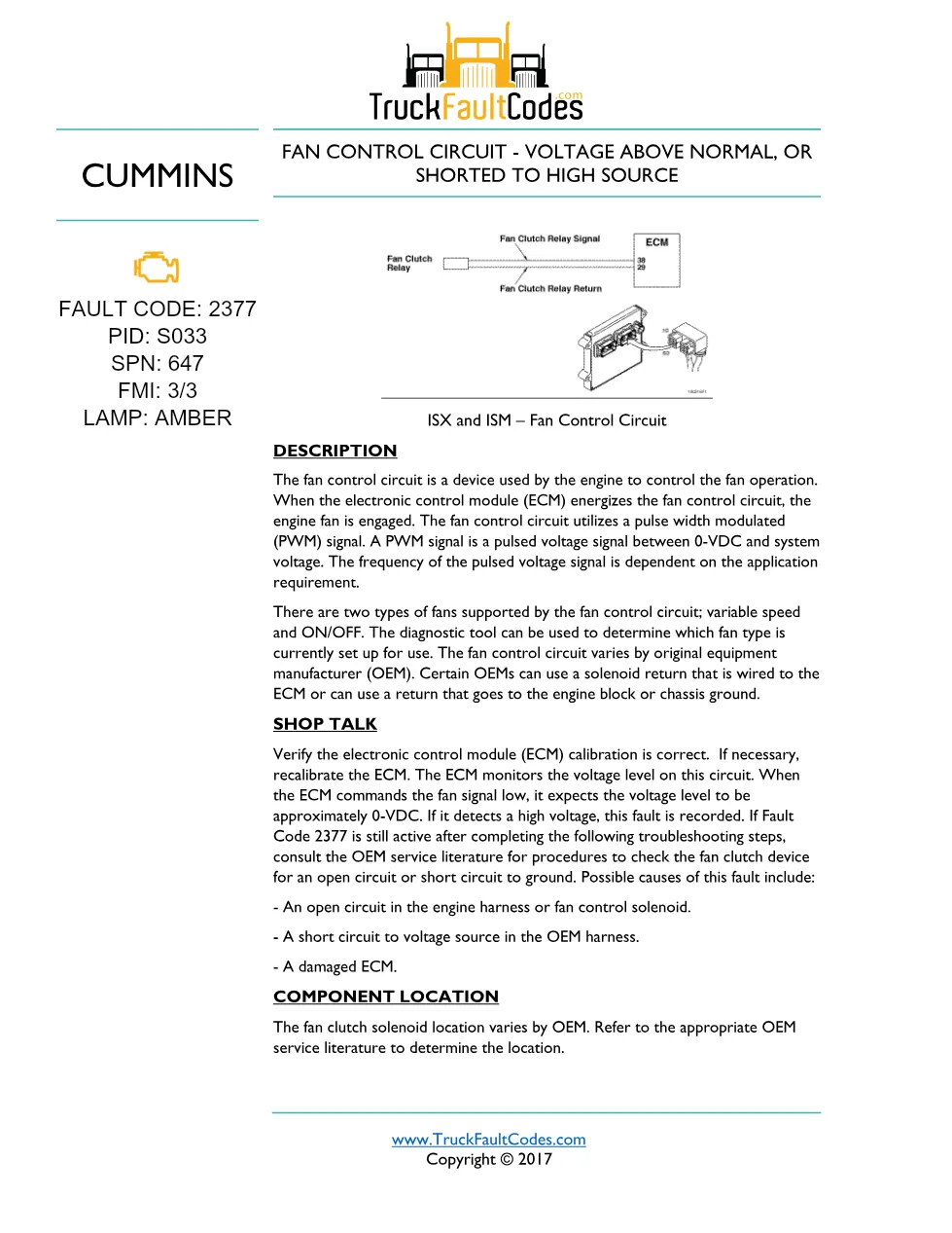 Cummins fault code 2377 — ISM CM871 (2007-09) DTC manual — SPN - preview page 1 of 5