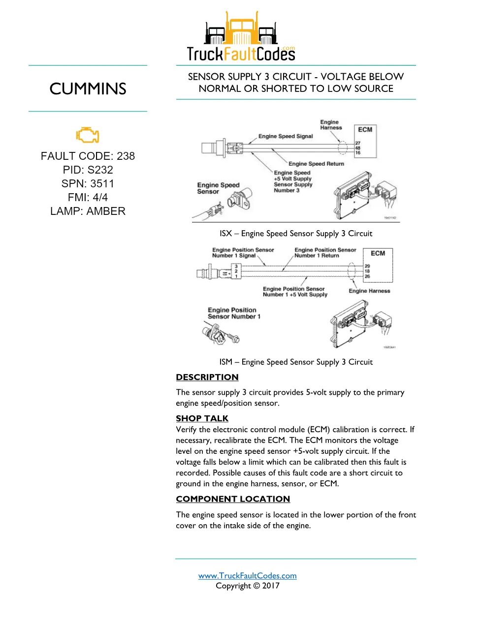 Cummins fault code 238 — ISM CM871 (2007-09) DTC manual — SPN - preview page 1 of 3