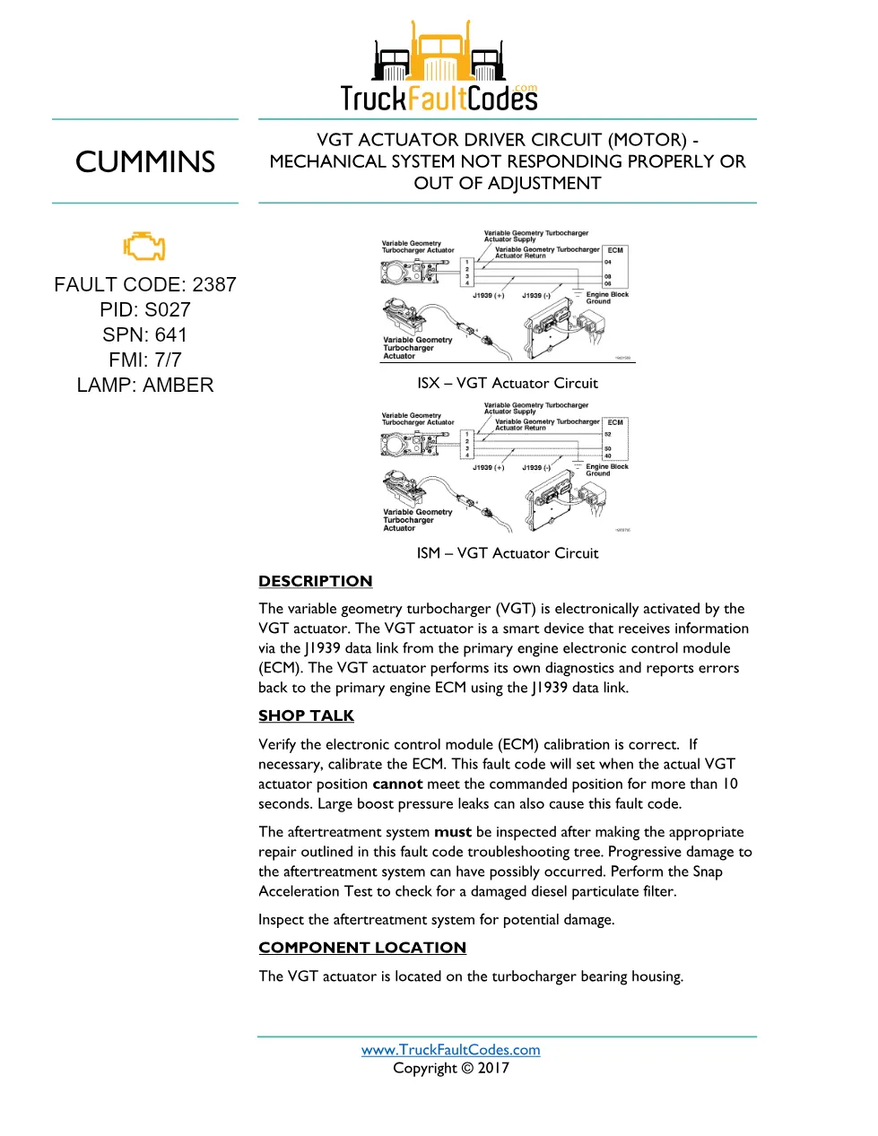 Cummins fault code 2387 — ISM CM871 (2007-09) DTC manual — SPN - preview page 1 of 4