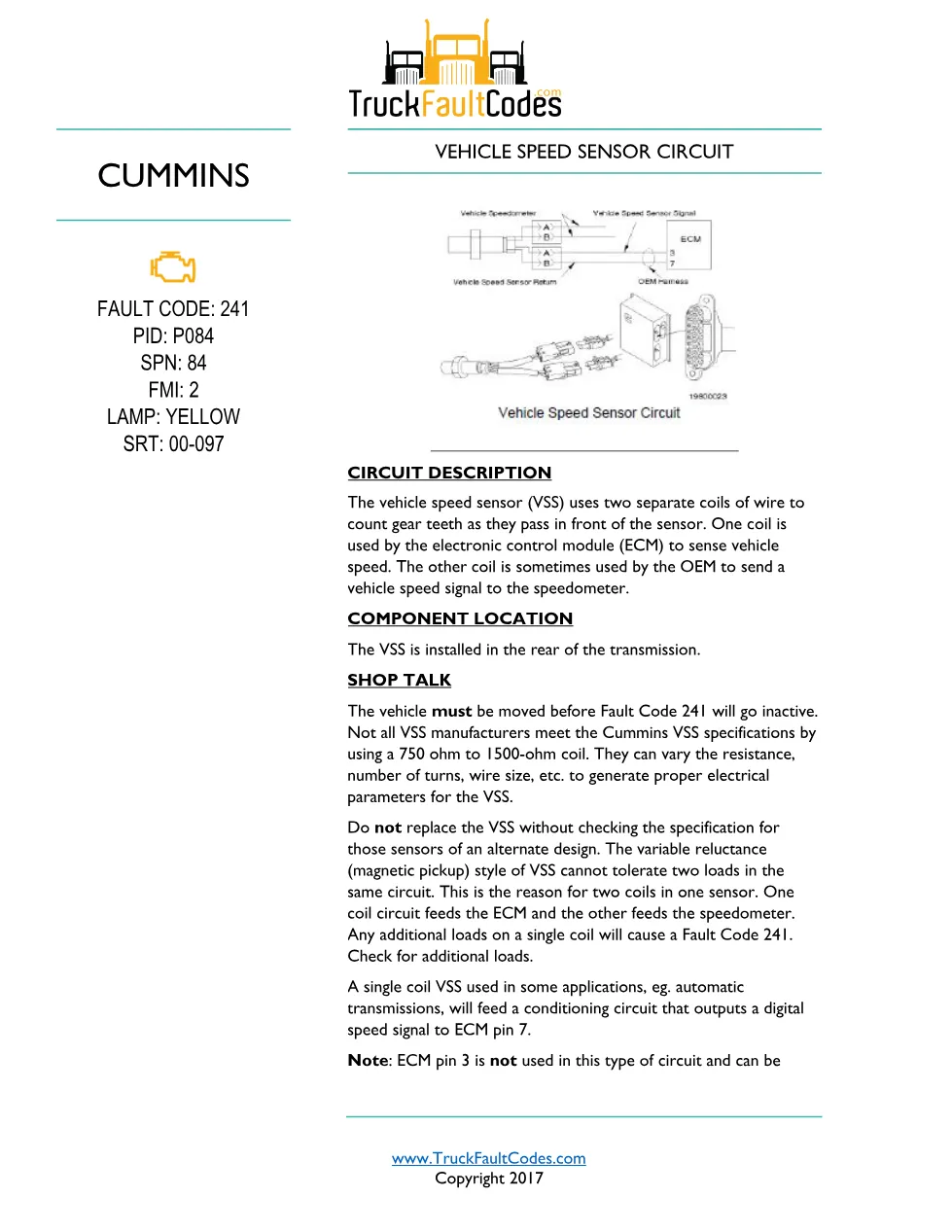 Cummins fault code 241 — Vehicle Speed Sensor Circuit – Official - preview page 1 of 6