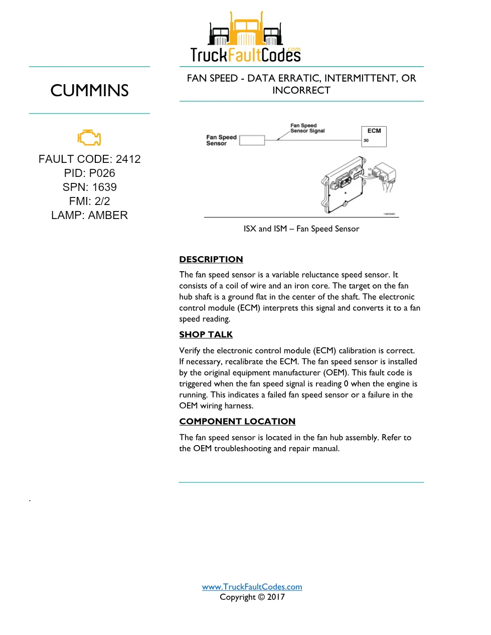 Cummins fault code 2412 — ISM CM871 (2007-09) DTC manual — SPN - preview page 1 of 5