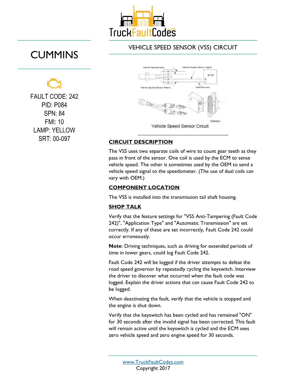 Cummins fault code 242 — Vehicle Speed Sensor VSS Circuit – Guide - preview page 1 of 4