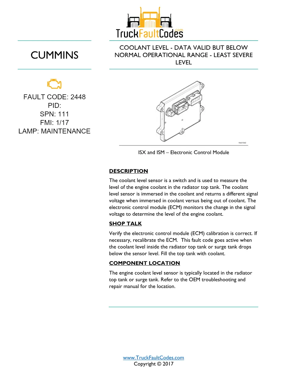 Cummins fault code 2448 — ISM CM871 (2007-09) DTC manual — SPN - preview page 1 of 2