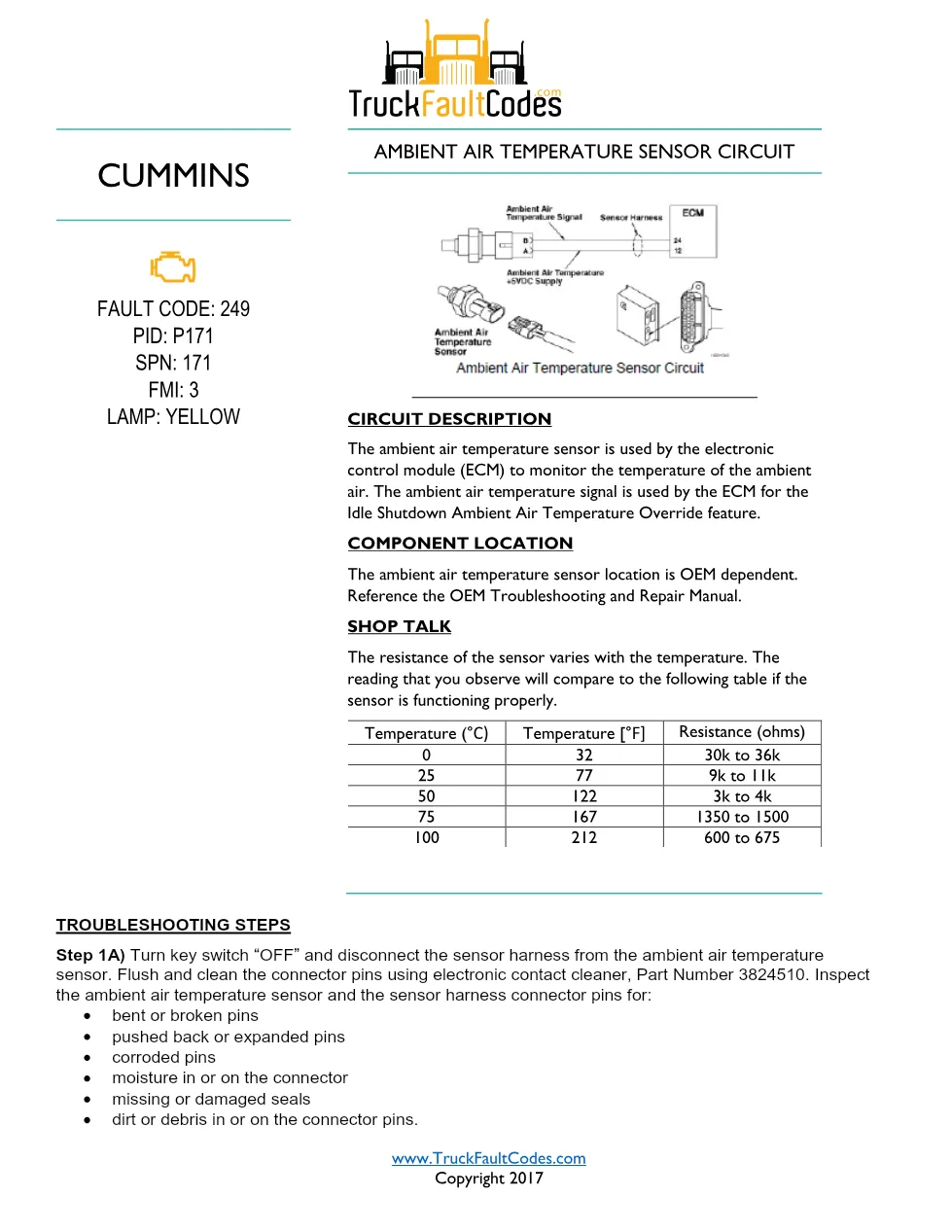 Cummins fault code 249 — Ambient Air Temperature Sensor Open - preview page 1 of 4
