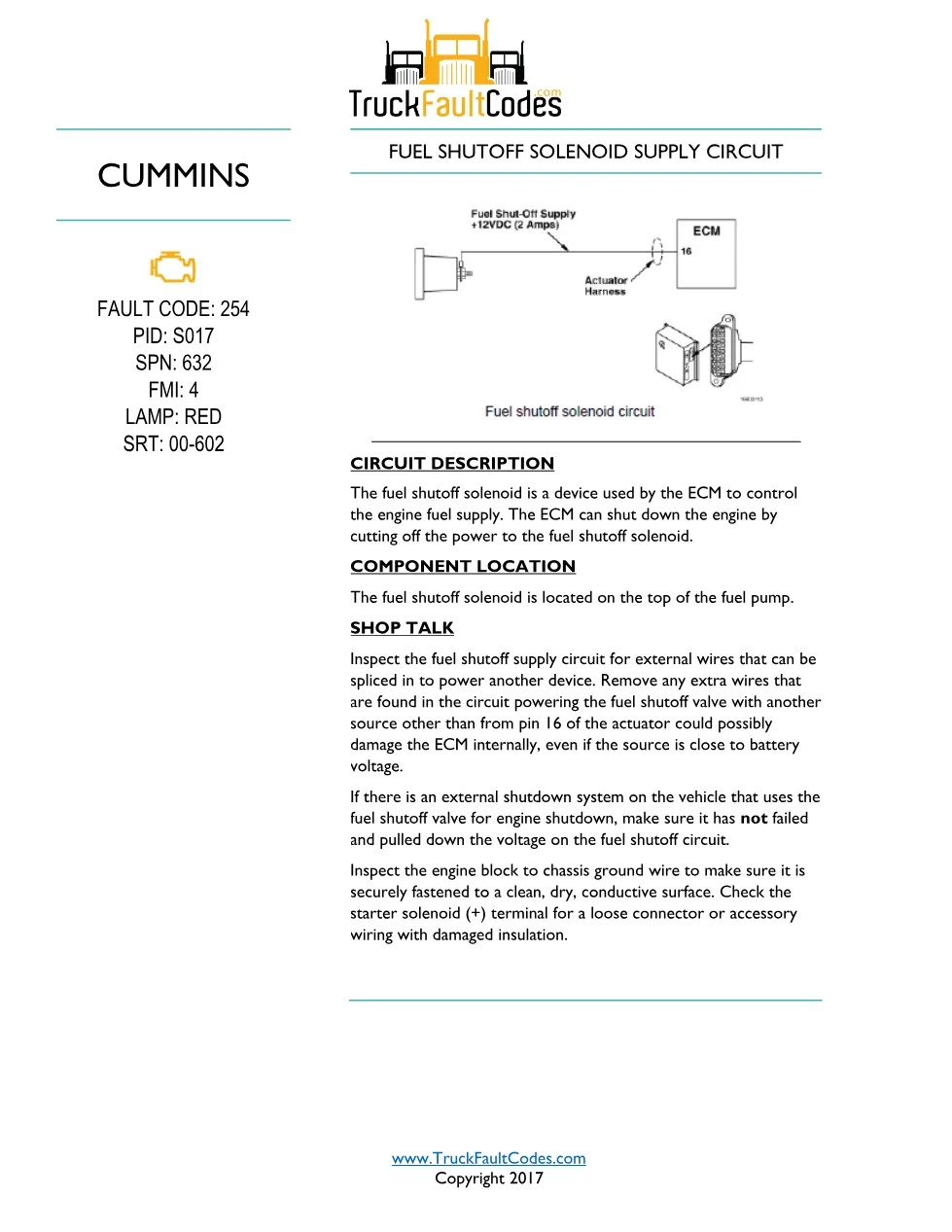 Cummins fault code 254 — Fuel Shutoff Solenoid Supply Circuit - preview page 1 of 5