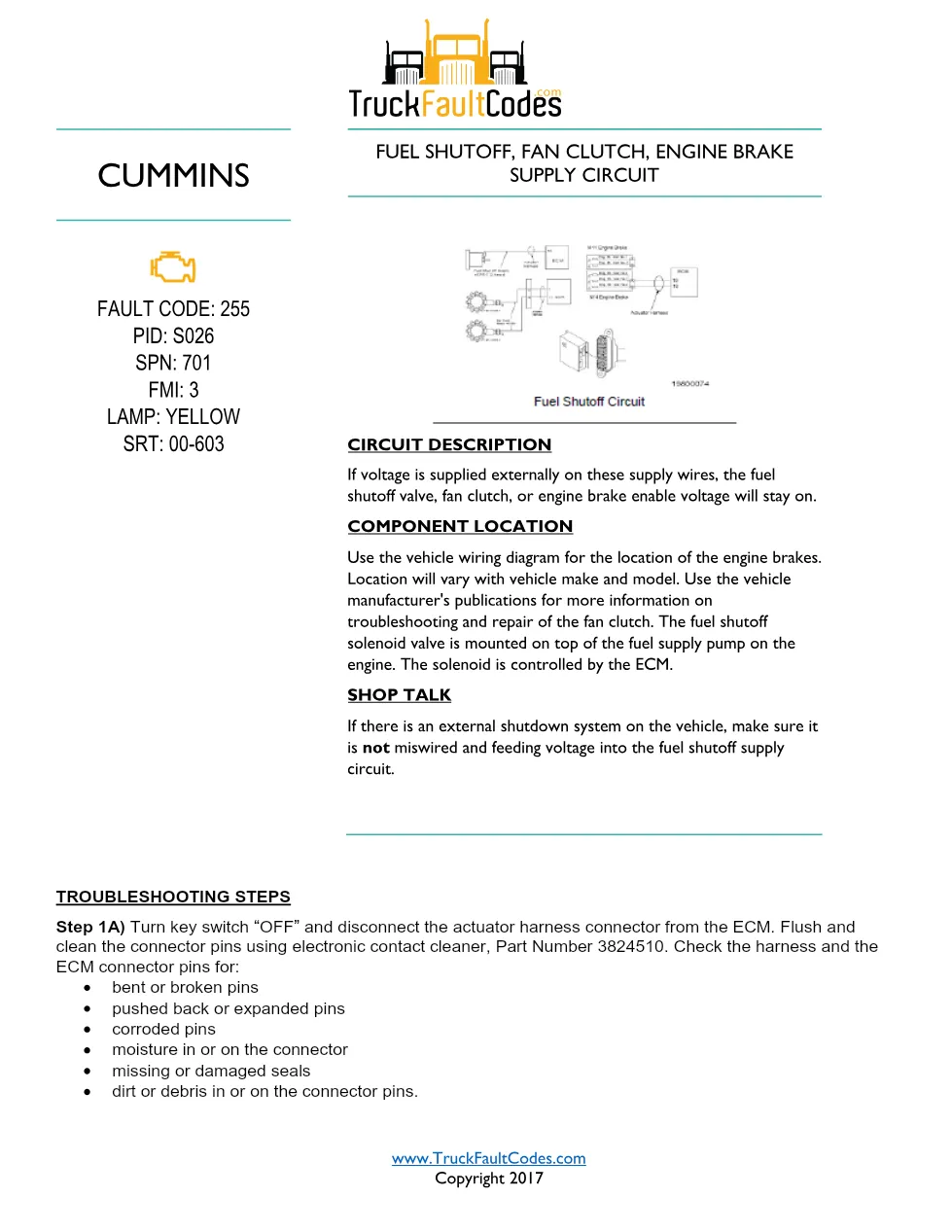 Cummins fault code 255 — Fuel Shutoff and Enable Supply Circuit - preview page 1 of 4