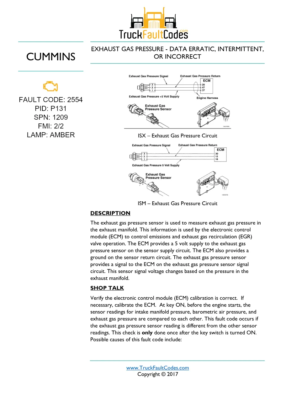 Cummins fault code 2554 — ISM CM871 (2007-09) DTC manual — SPN - preview page 1 of 5