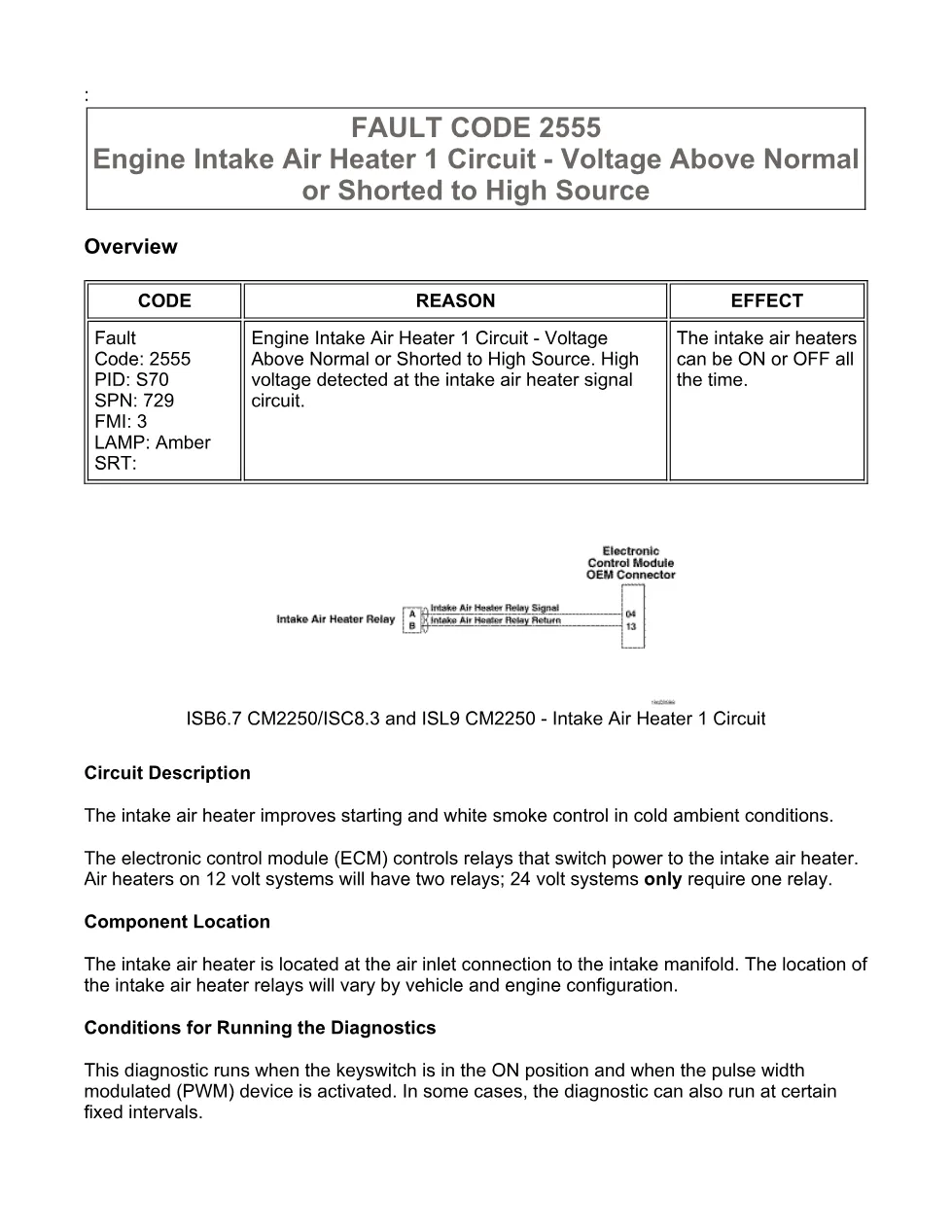 Cummins fault code 2555 — Engine Intake Air Heater 1 Circuit, SPN - preview page 1 of 6